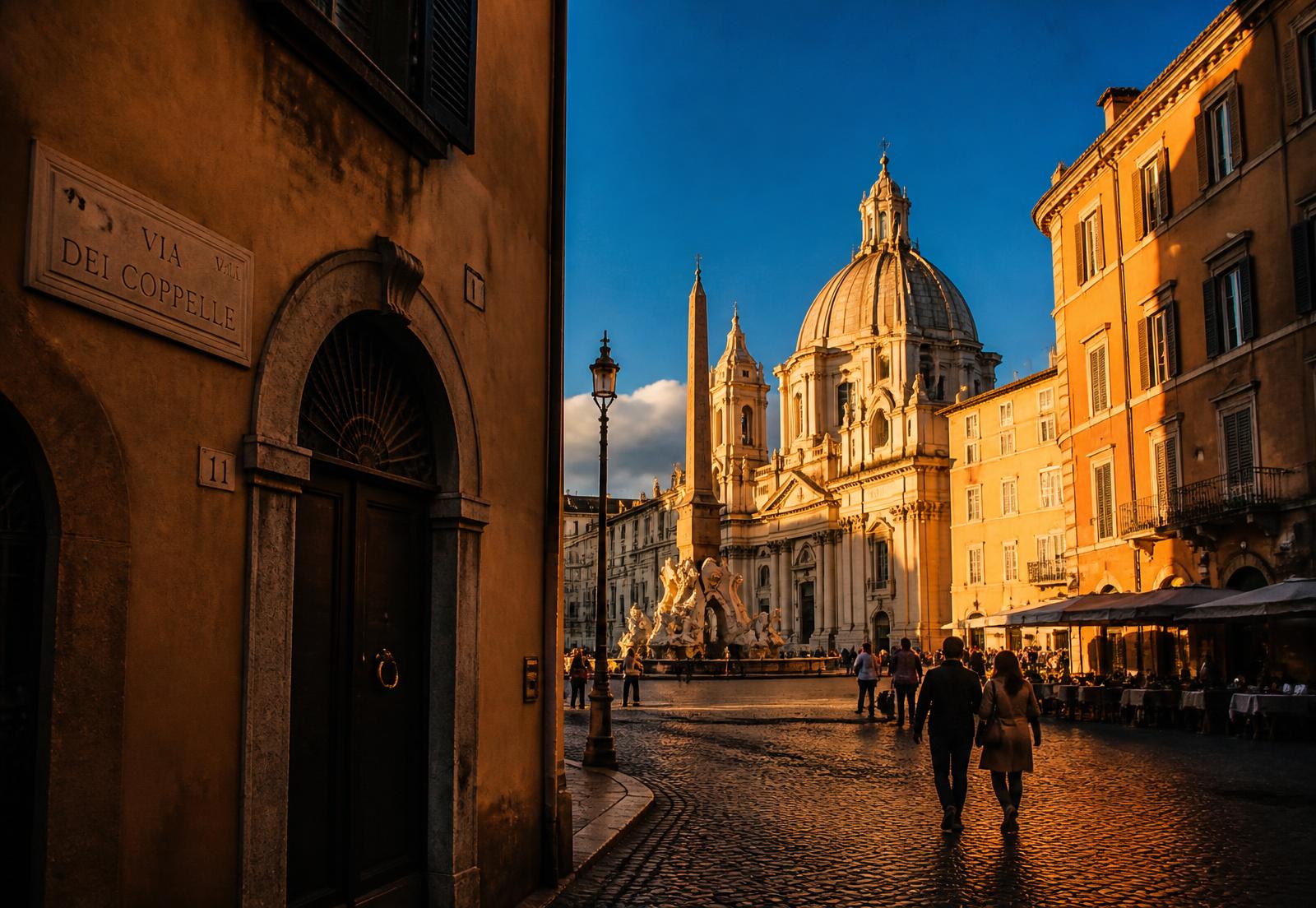 Golden evening light over the rooftops and domes of Rome